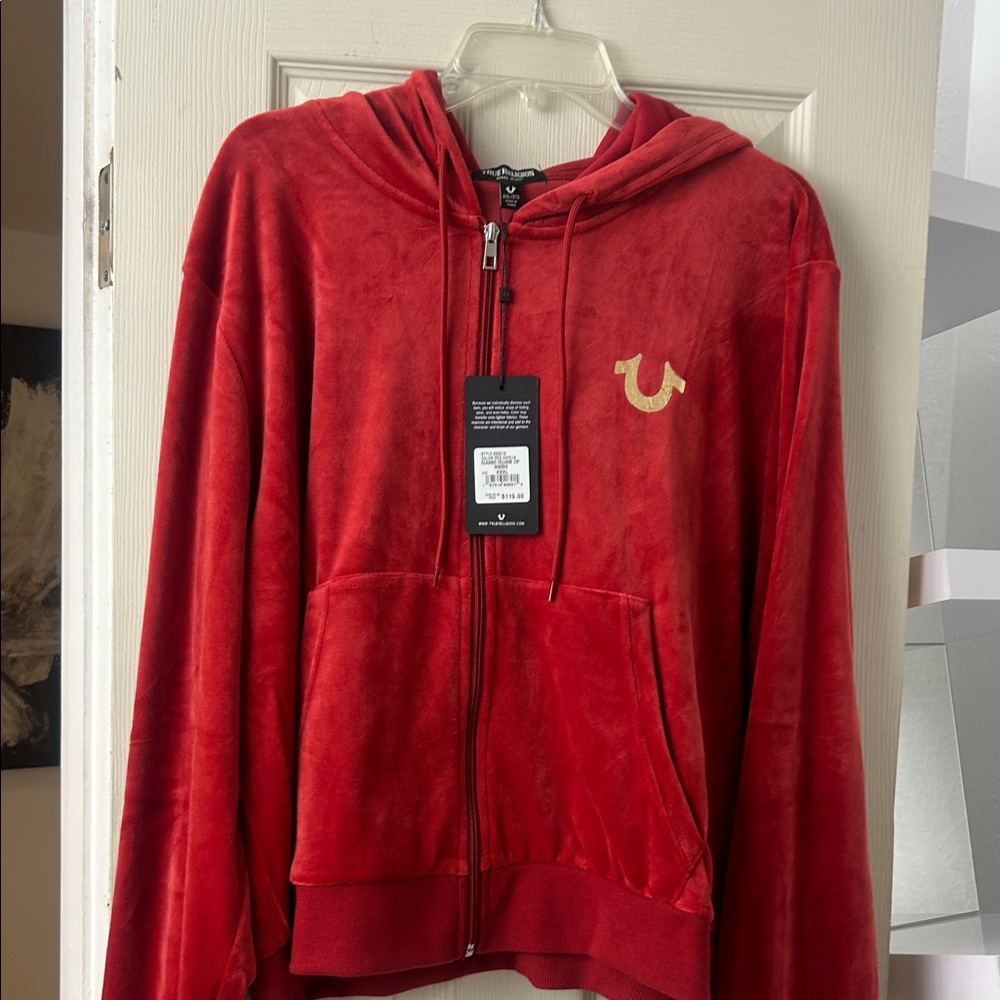 True Religion Vibrant Red Hoodie with Gold Logo